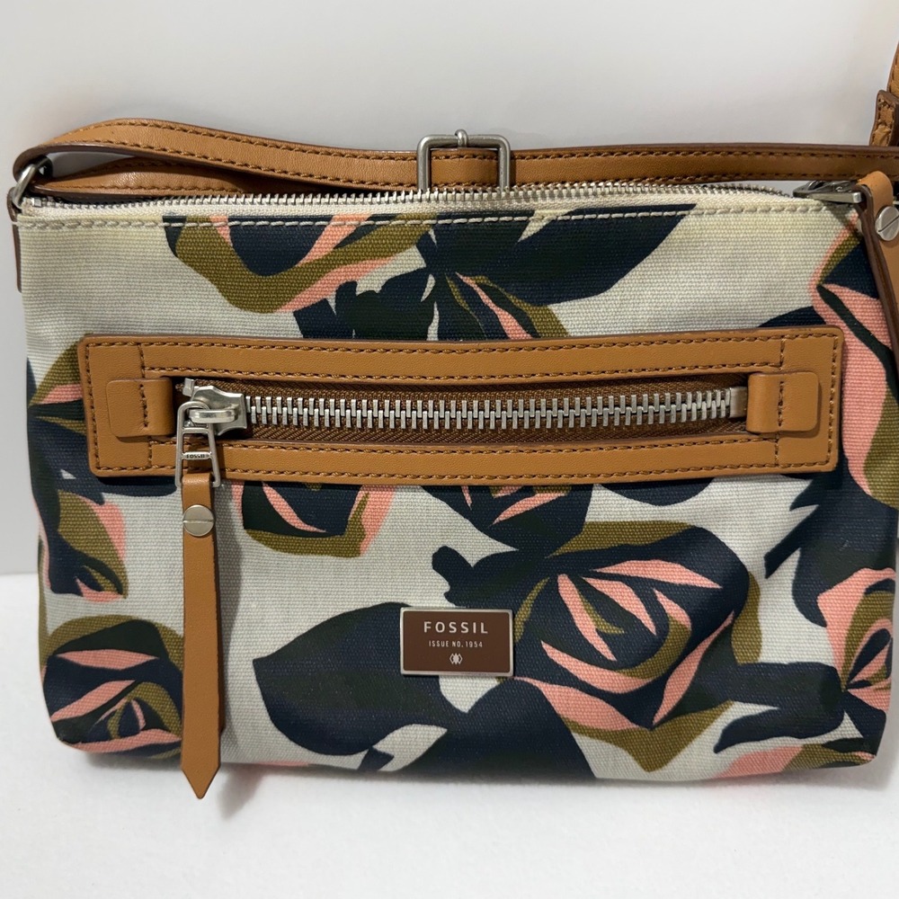 Fossil Floral Canvas Crossbody Bag Tan Leather Trim Navy Pink Olive Small Purse